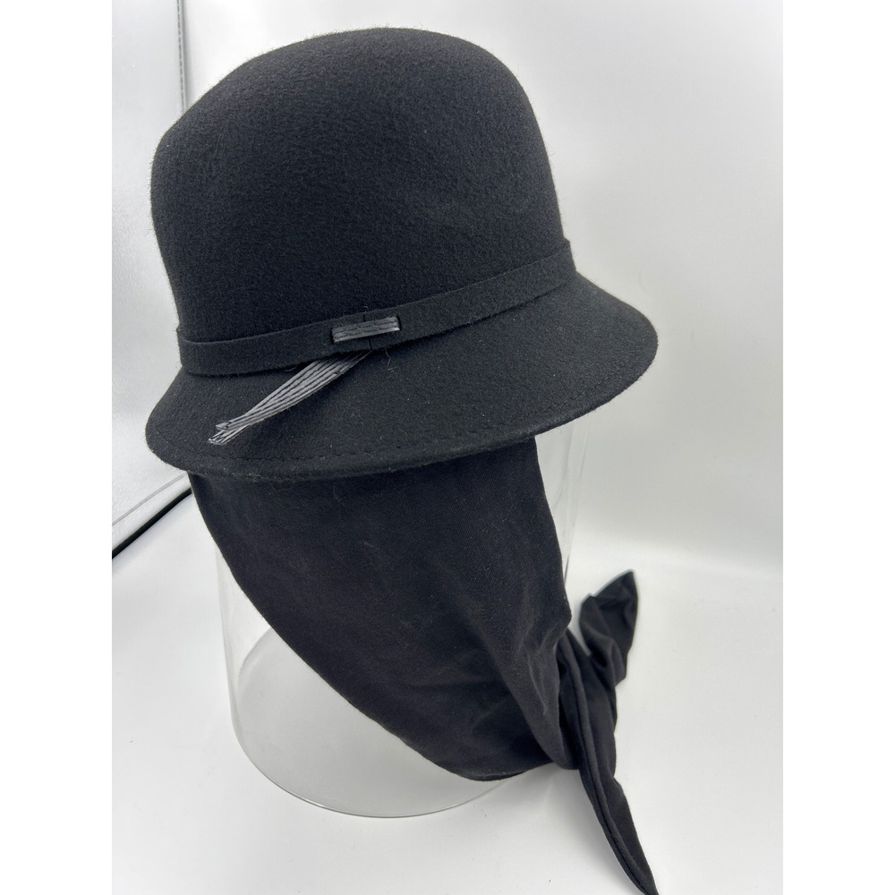 August Accessories Womens Black 100% Wool Cloche Hat with Attached Scarf NWT